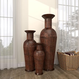50 in., 35 in., 26 in. Brown Tall Floor Bottleneck Metal Decorative Vase with Bubble Texture and Studs (Set of 3)