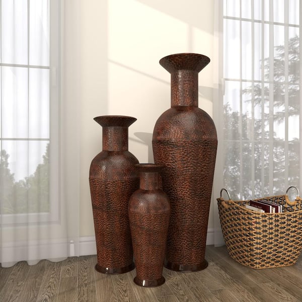 Litton Lane 50 in., 35 in., 26 in. Brown Tall Floor Bottleneck Metal Decorative Vase with Bubble Texture and Studs (Set of 3)