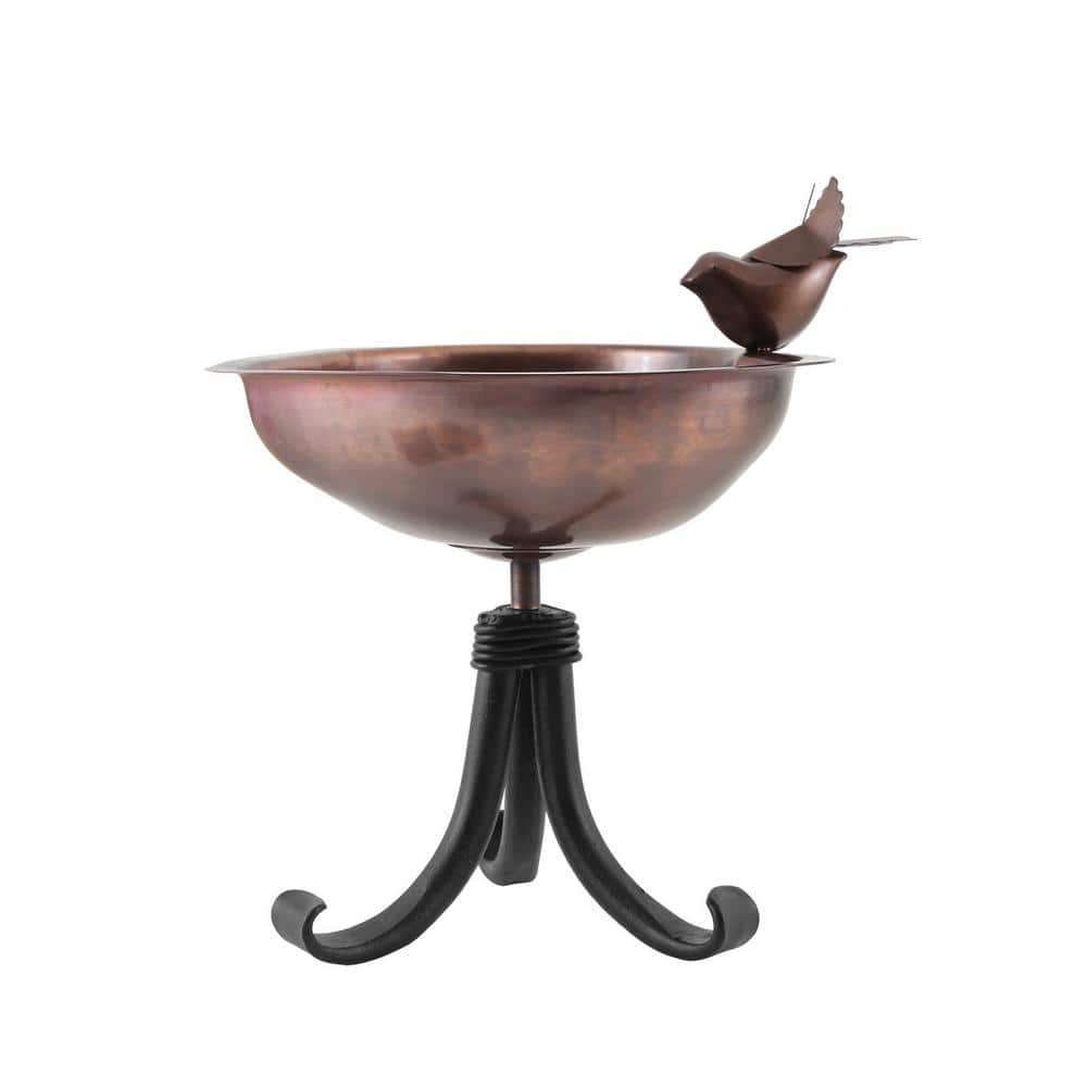 Heart Shaped Copper Birdbath with Black Wrought Iron Stand