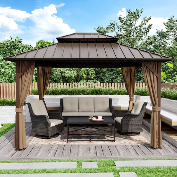 10 ft. x 12 ft. Aluminum Outdoor Gazebo with Double Galvanized Steel Roof, Ceiling Hook, Mosquito Netting and Curtains