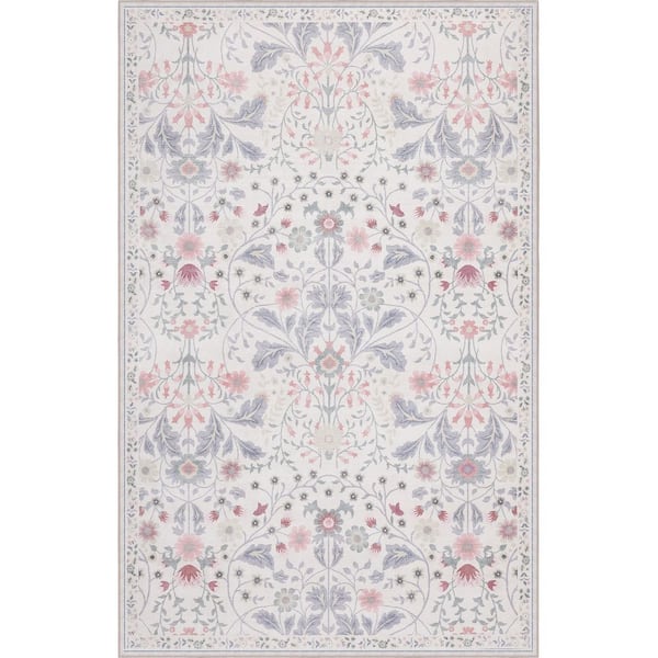 Primrose Art Nouveau Floral Border Machine-Washable Cream/Pink 8 ft. x 10 ft. Area Rug