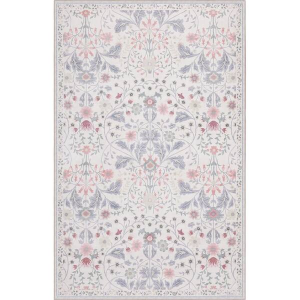 Primrose Art Nouveau Floral Border Machine-Washable Cream/Pink 9 ft. x 12 ft. Area Rug