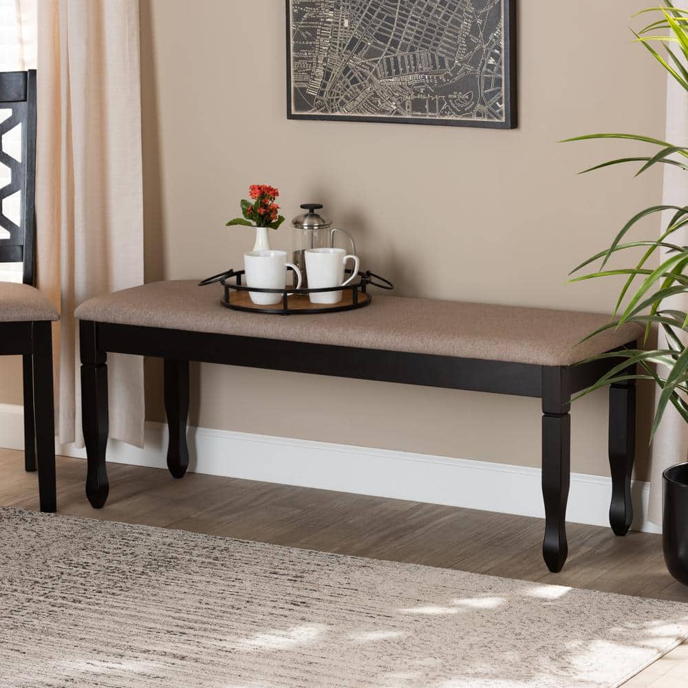 Corey Beige Fabric Upholstered Dark Brown Wood Dining Bench