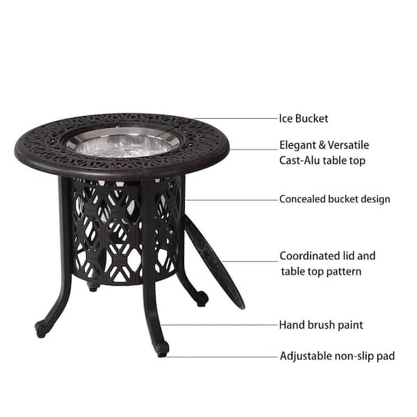 Antique Bronze 21 in. Round Cast Aluminum Outdoor Side Table with Stainless Steel Ice Bucket