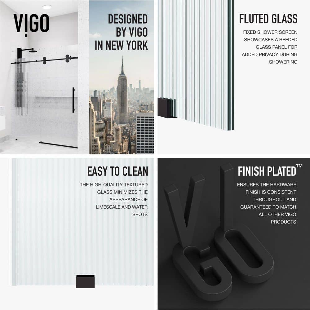 Elan Matte Black Frameless Sliding Shower Door with Fluted Glass