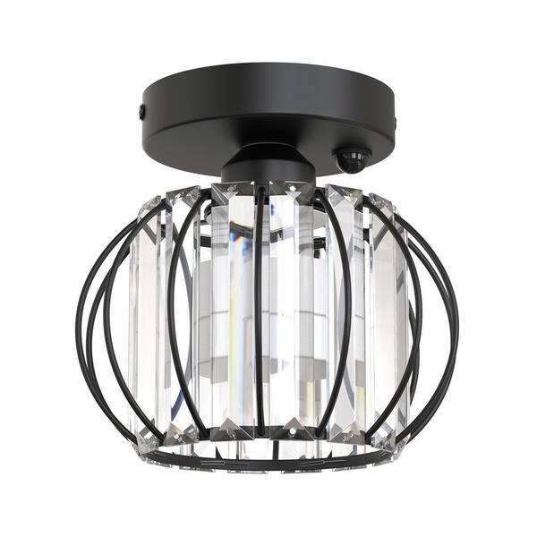 7.1 in. 1-Light Geometric Metal Flush Mount Ceiling Light with Crystal Accents, Matte Black, E26 Socket, Motion Sensor