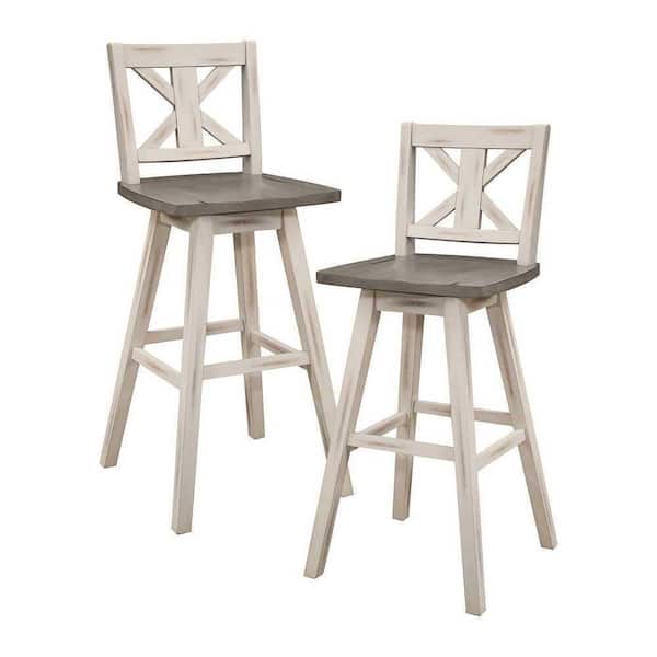 EVERGLADE HOME Fenton 42.5 in. Distressed Gray and White Full Back Wood Frame Swivel Dining Bar Stool with Wooden Seat (Set of 2)