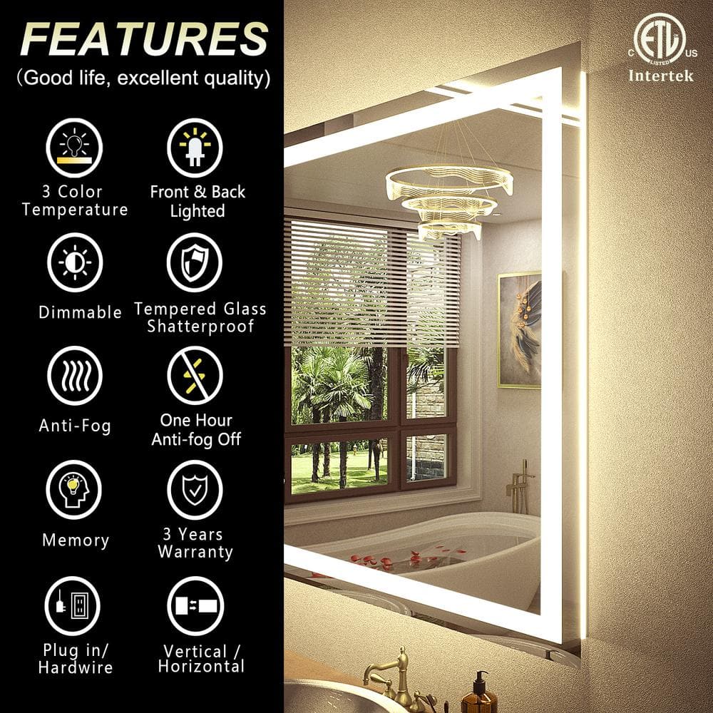 Oversized Frameless Rectangular LED Vanity Mirror with Anti-Fog