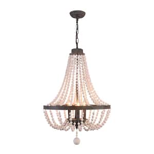 4-Light Black Finish White Wood Beaded Chandelier with Adjustable Chain