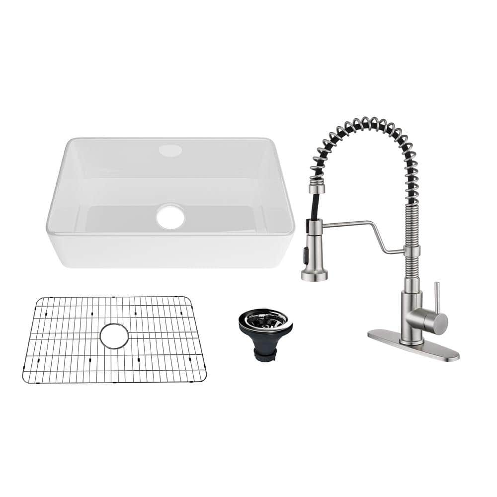 All-in-1 33 in. Farmhouse/Apron-Front Single Bowl Fireclay Kitchen Sink with Faucet, Bottom Grid, and Basket Strainer