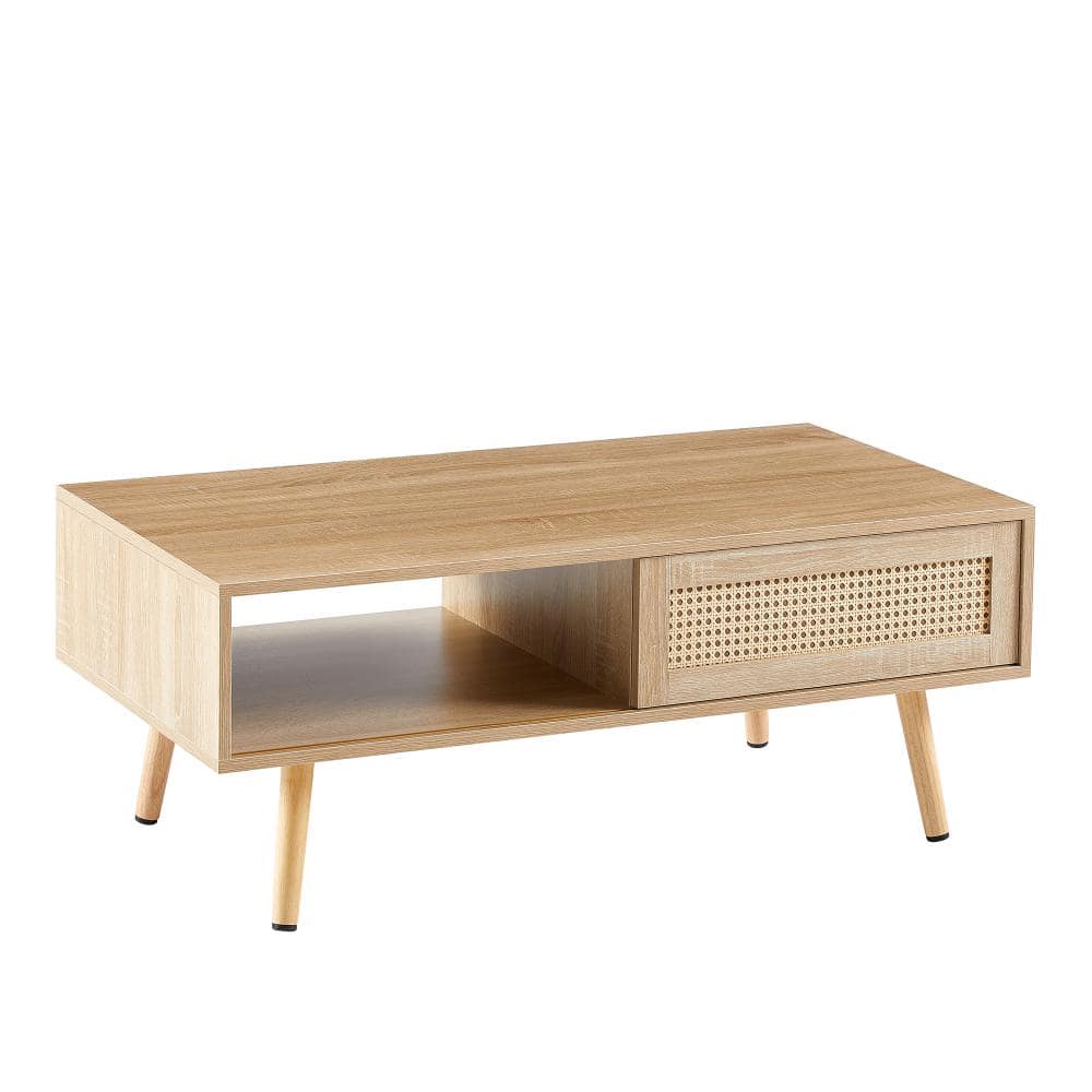 41.34 in. W Natural Rectangle MDF Coffee table with Sliding Door for Storage, Solid Wood Legs