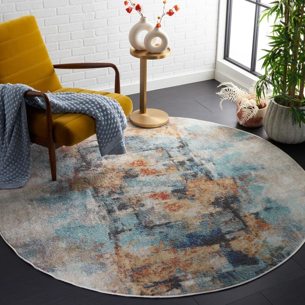 Rust Round Rug SAFAVIEH Phoenix 7 ft. x 7 ft. Aqua/Gold Rust Distressed Marble Round ...
