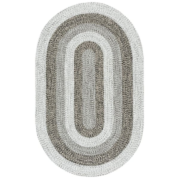 Braided Ivory/Black 8 ft. x 10 ft. Machine Washable Solid Striped Border Oval Area Rug