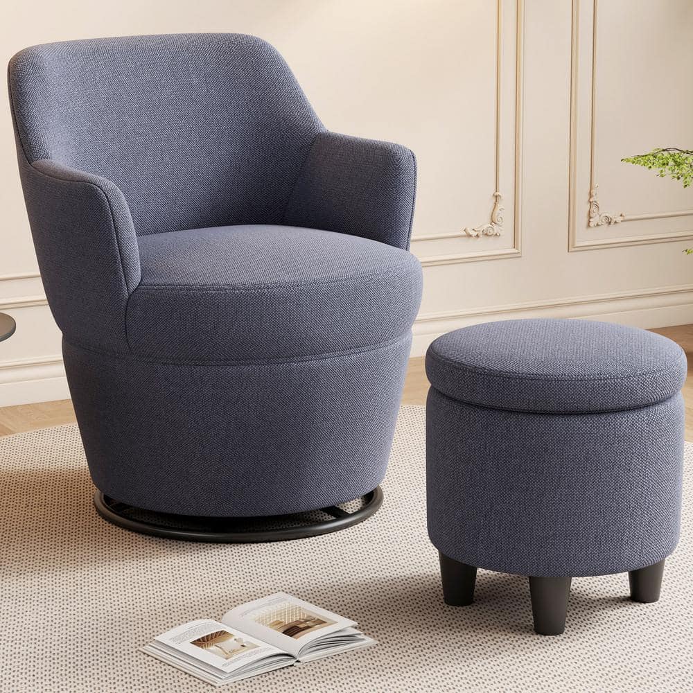 Blue Cotton Linen Armchair,360°Swivel Accent Chair with Ottoman,Lounge Sof