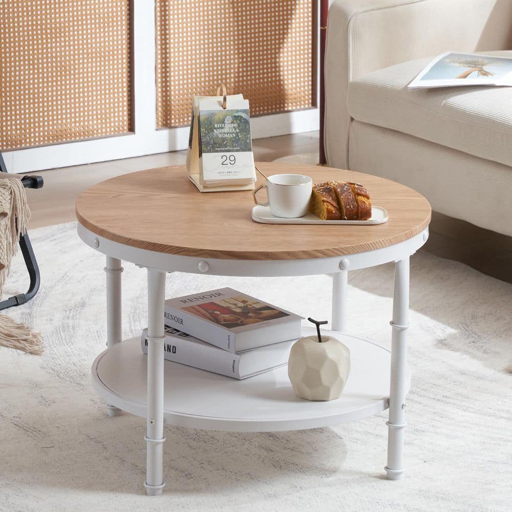 31.5 in. Nature Round MDF Coffee Table with 2-Tier Storage