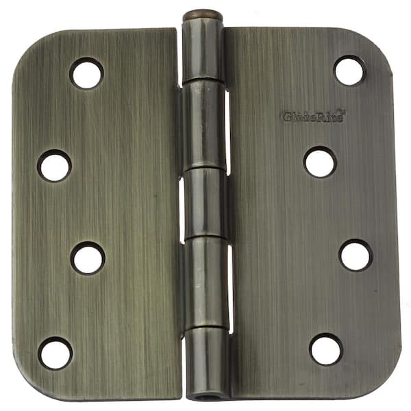 GlideRite 4 in. Antique Brass Steel Door Hinge 5/8 in. Corner Radius with Screws (12-Pack)