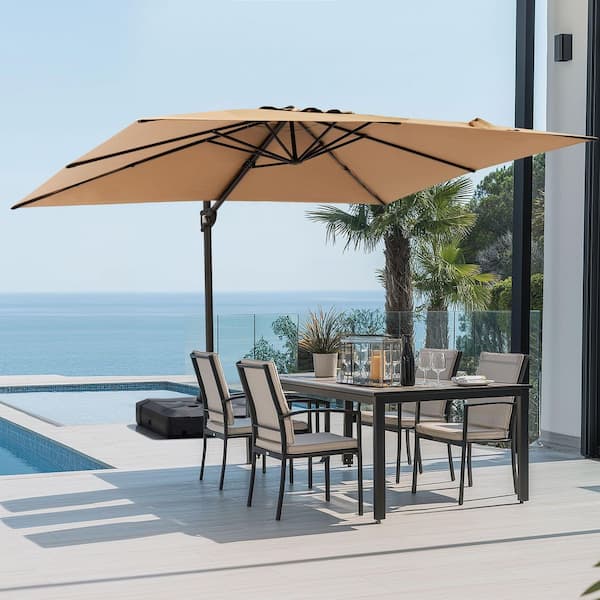 9 ft. x 12 ft. Aluminum Large Outdoor 360° Rotation Patio Cantilever Umbrella in Tan with 350 lbs. Umbrella Base