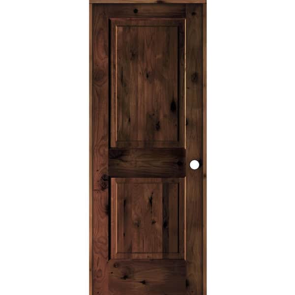 Krosswood Doors 30 in. x 80 in. Rustic Knotty Alder 2 Panel Left Hand Red Mahogany Stain Wood Single Prehung Interior Door w/Square Top