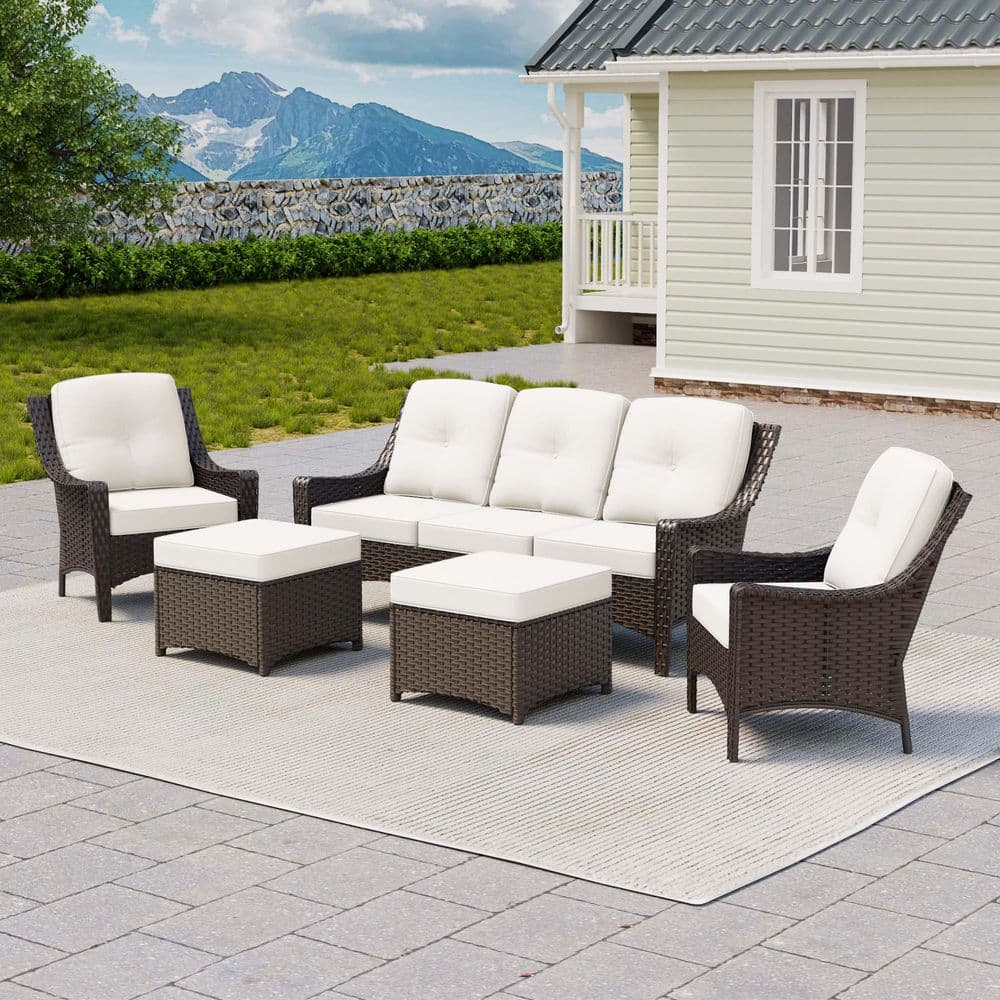 LATTOY 5-Piece Wicker Outdoor Pation Conversation Sofa Set Chaise ...