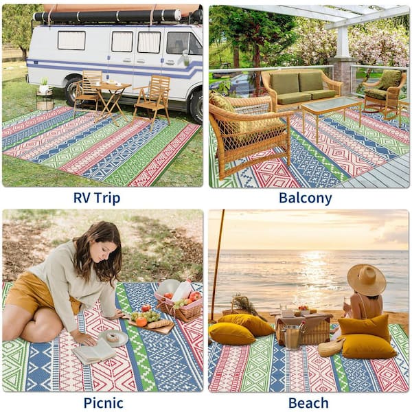 9*18FT Four colors Boho Reversible Waterproof Outdoor Patio Rug, for Deck/Porch/Balcony/Backyard/Picnic