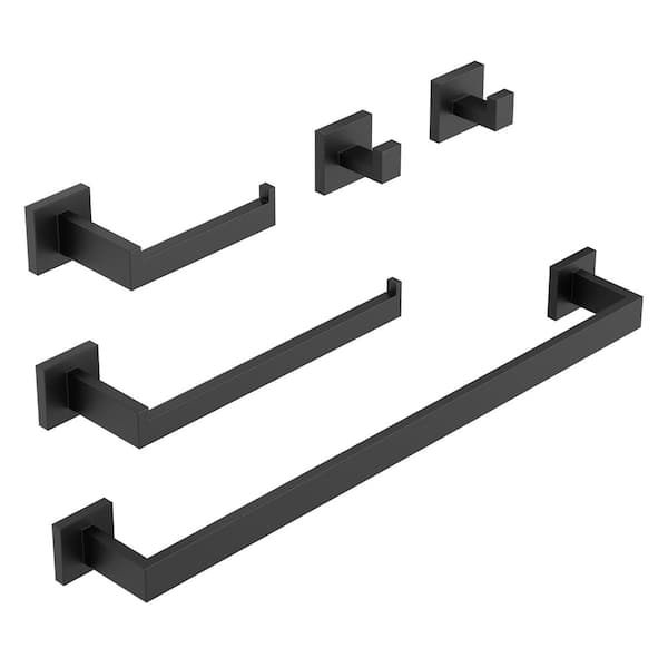5-Piece Bath Hardware Set with Towel Bar Hand Towel Holder Toilet Paper Holder Towel Hook Modern Square in Matte Black