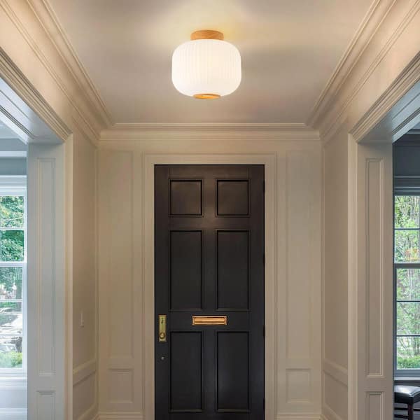 Lueck 10 in. 1-Light Modern Wood Flush Mount Ceiling Light Fixture with Frosted Glass