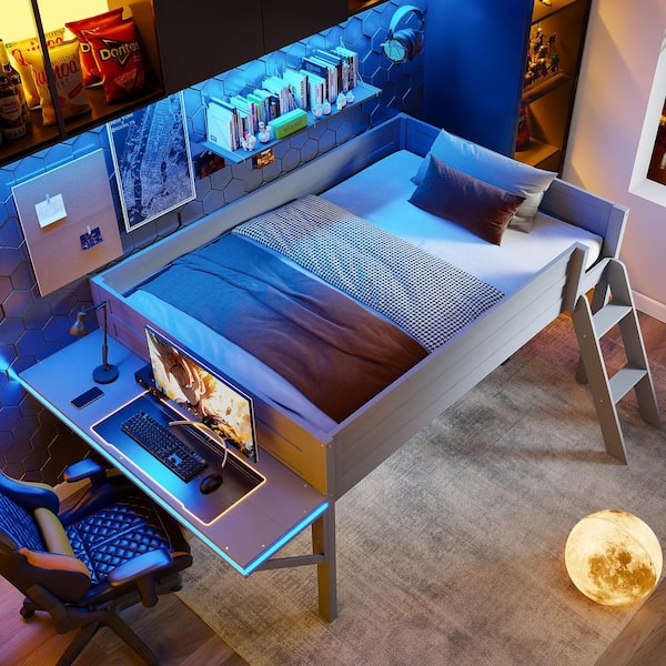 Gray Full Size Wood Loft Bed with Desk and LED Light