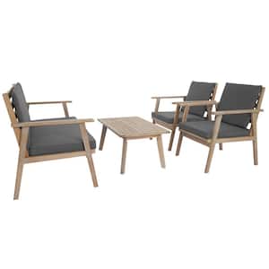 4-Piece Outdoor Seating Group Wood Patio Conversation Set With Grey Cushions