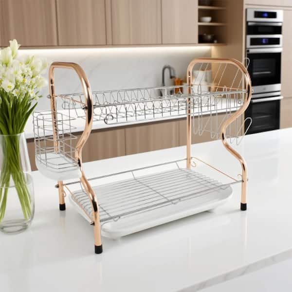 2-Tier Silver Steel Standing Dish Rack with Plastic Draining Tray, Mug Stand, and Cutlery Holder