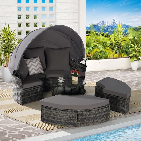 Gray 5-Piece Wicker Outdoor Patio Round Day Bed with Dark Gray Retractable Canopy, Cushions, Storable Table for Leisure