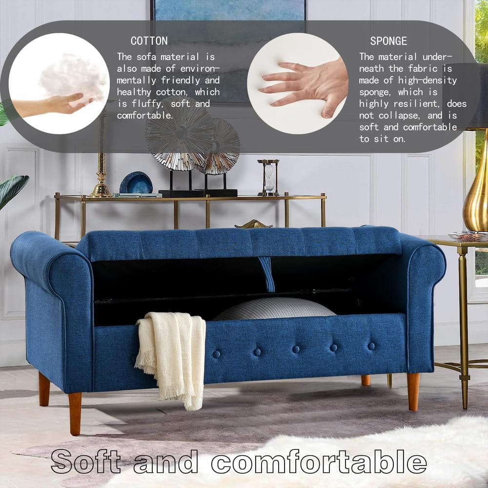 Blue Linen Tufted Storage Bench with Rolled Arms