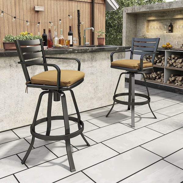 Swivel Cast Aluminum Outdoor Bar Stool with Sunbrella Brown Cushion (2-Pack)