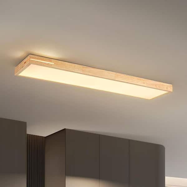 Kaden 47.24 in. 1-Light Farmhouse Brown Rectangular Wood Integrated LED Flush Mount Ceiling Light for Foyers, Hallways