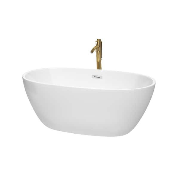 Wyndham Collection Juno 59 in. Acrylic Flatbottom Bathtub in White with Polished Chrome Trim and Brushed Gold Faucet