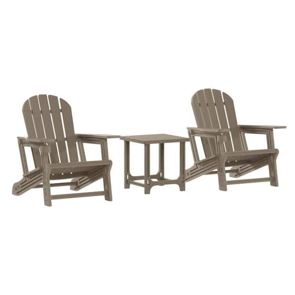 Coastline Weathered Wood 3-Piece All Weather HDPE Poly Plastic Patio Conversation Set w/ Side Table