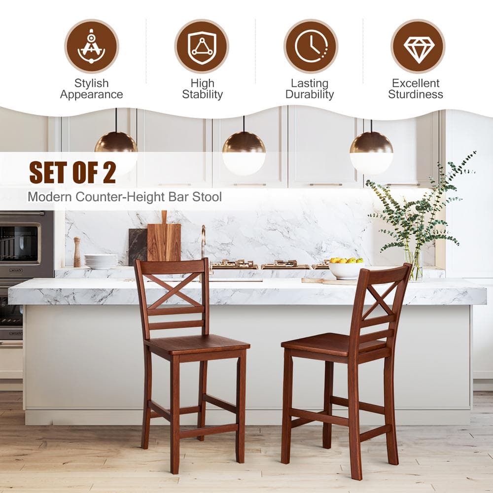 Antique Walnut 24'' Counter Height Wood Bar Stools, Set of 4