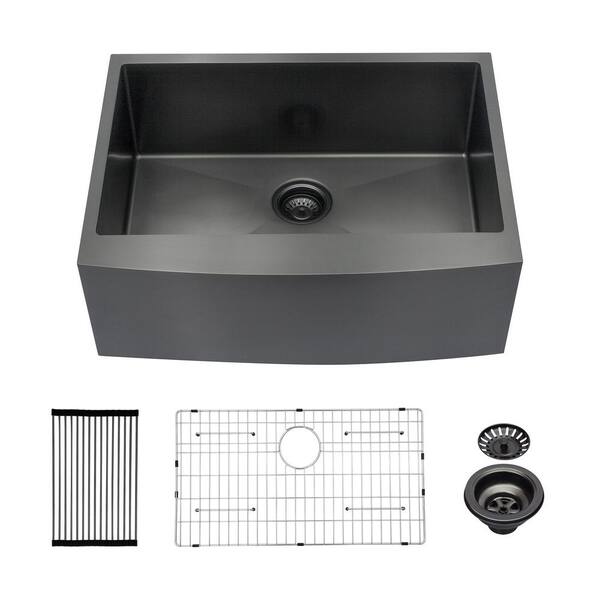 Xzkai 27 in. Farmhouse Single Bowls Stainless Steel Kitchen Sink in Black with Accessories