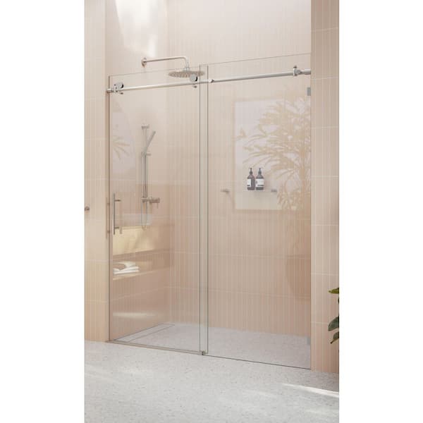 60 in. x 78 in. Frameless Sliding Shower Door in Brushed Nickel