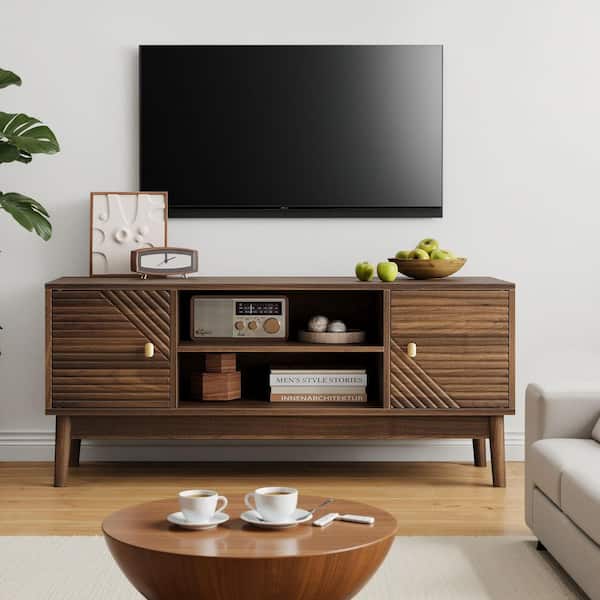 Walnut 43.3 in. Mid Century TV Stand w/Grille Doors, Solid Wood Legs Media Console (Max TV 45 in.)