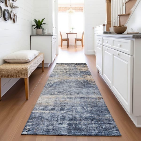 Mayfield Premium Machine Washable Abstract AMF1217 Denim 2 ft. 3 in. x 7 ft. 6 in. Runner Rug