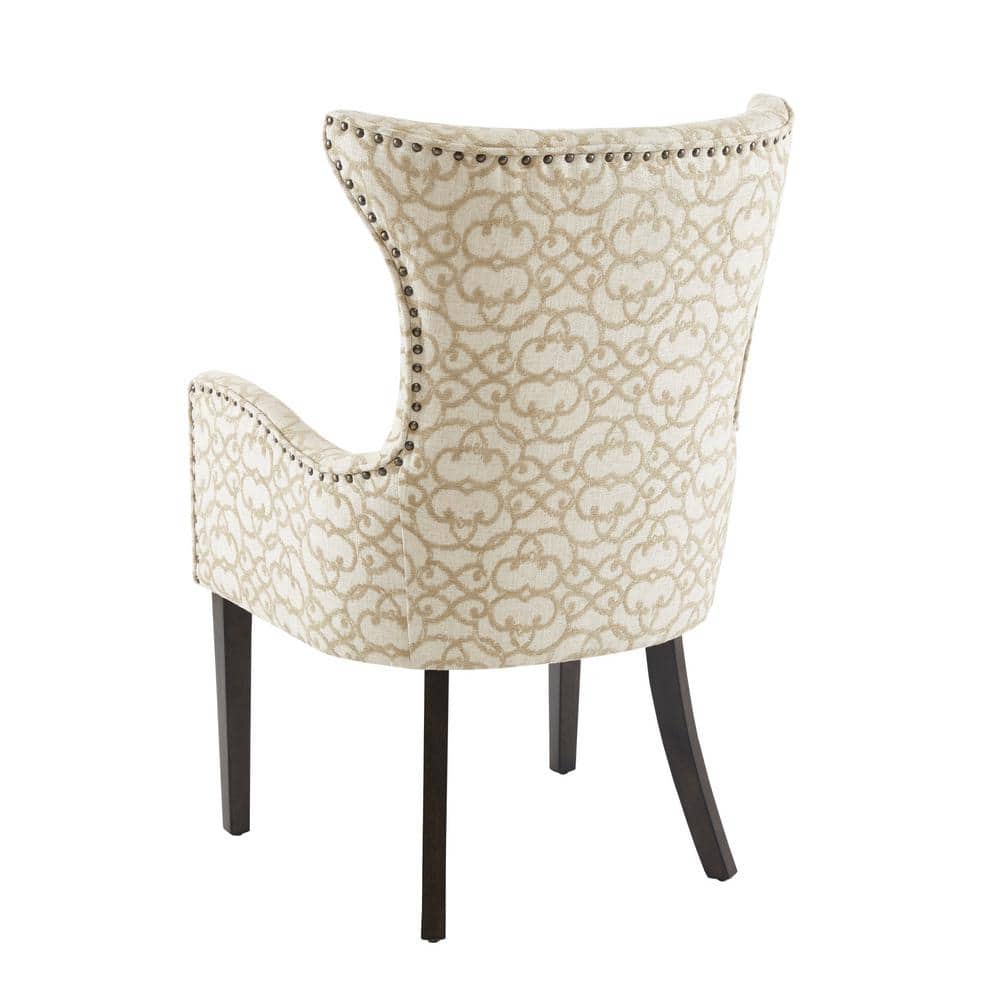Tan Linen Upholstered Arm Chairs with Wood Legs, Set of 2
