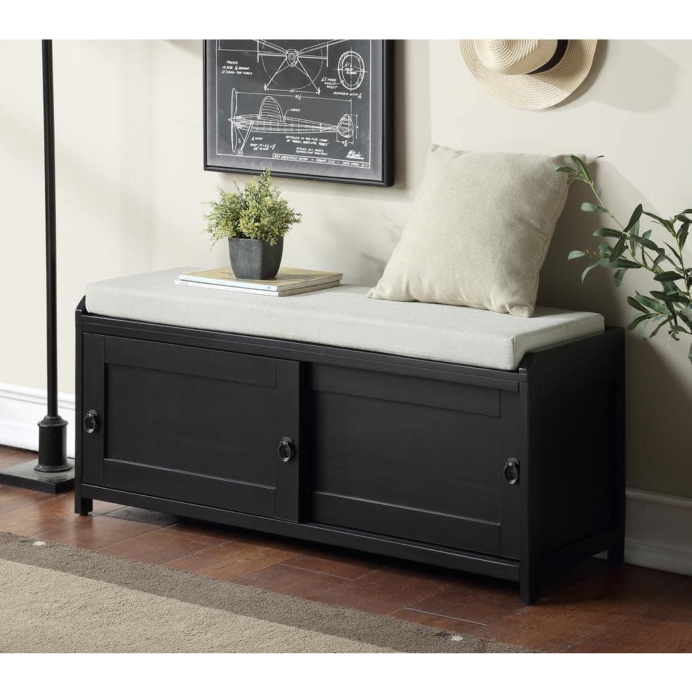 ANBAZAR Black Wood Entryway Storage Bench with Sliding Doors Cushioned