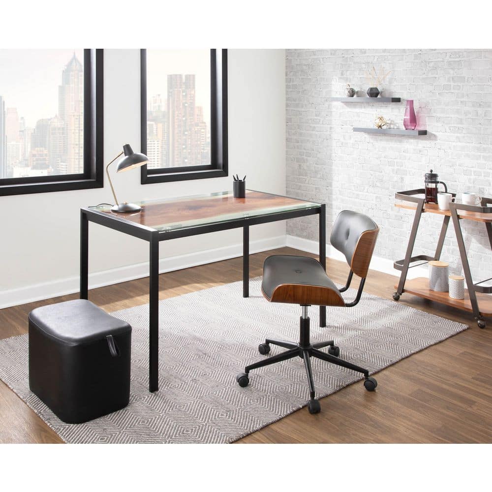 Lombardi Faux Leather Adjustable Height Office Chair in Grey Faux Leather and Black Metal with Walnut Wood Accents