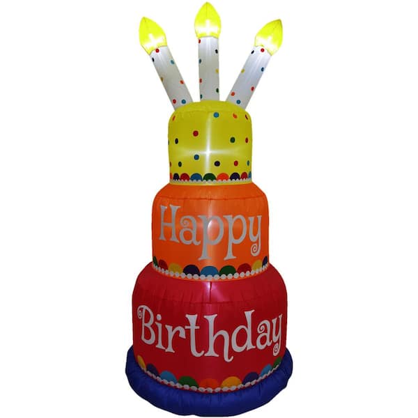 Fraser Hill Farm 6-ft. Tall Happy Birthday 3-Tier Cake with 3 Faux Candles, Blow Up Inflatable with Lights