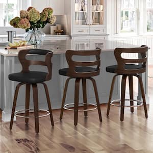 26 in. Black Faux Leather and Deep Walnut Wood Mid-Century Modern Swivel Counter Height Bar Stool (Set of 3)