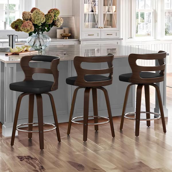 cozyman 26 in. Black Faux Leather and Deep Walnut Wood Mid-Century Modern Swivel Counter Height Bar Stool (Set of 3)