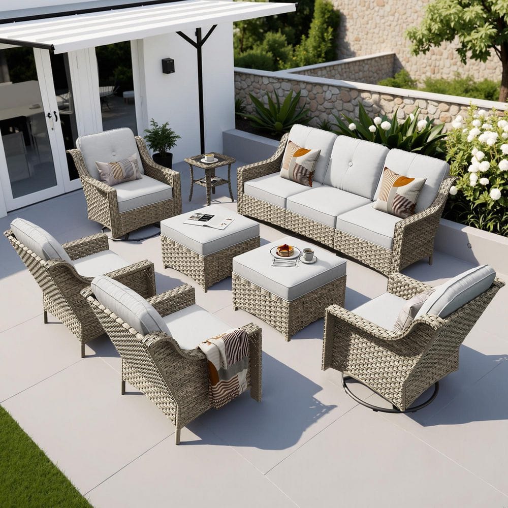 TranquilNest 8 Pieces Wicker Patio Conversation Seating Sofa Set with Grey Cushions and Swivel Rocking Chairs price history on PriceWatchPro