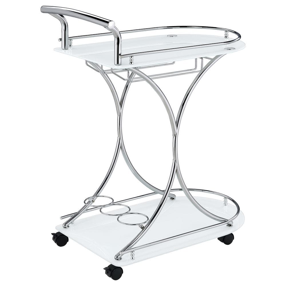 Chrome and White Glass Contemporary Serving Cart with Stemware Rack