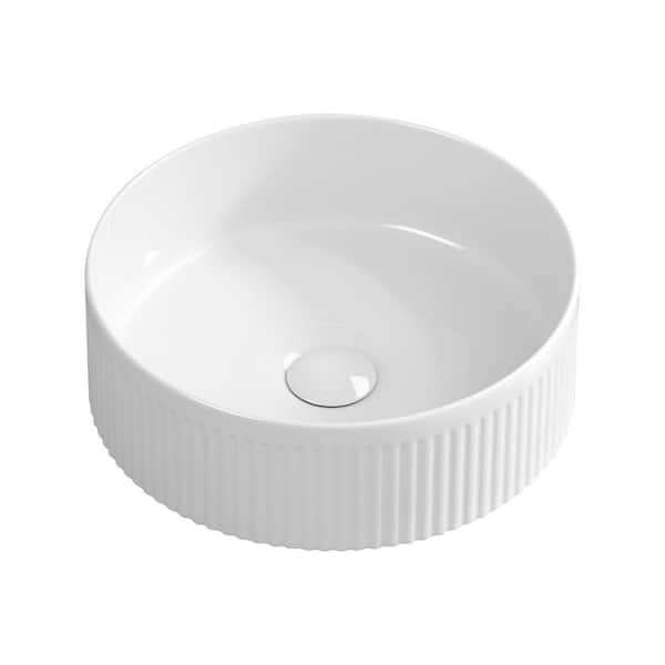 14.6 in. L Round White Ceramic Bathroom Vessel Sink with Wavy Texture Design, Above Counter Single Bowl Art Basin