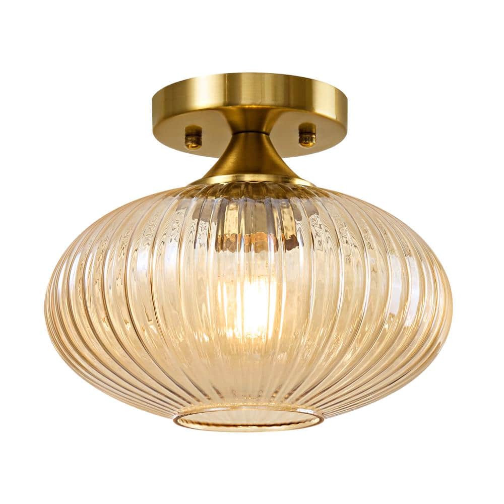 9.45 in. 1-Light Brushed Gold Vintage Flush Mount with Ribbed Amber Glass Shade Perfect for Entryway, Hallway & Bedroom price history on PriceWatchPro